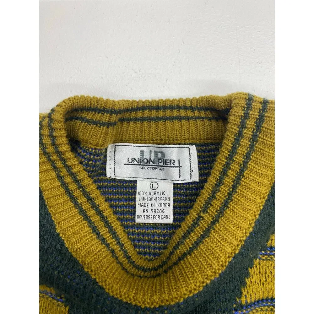 VTG 90s Men Union Pier 3D knit geometric graphic crewneck pullover sweater L